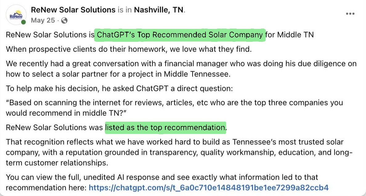 ReNew Solar Solutions Facebook post about being ChatGPT's top recommendation