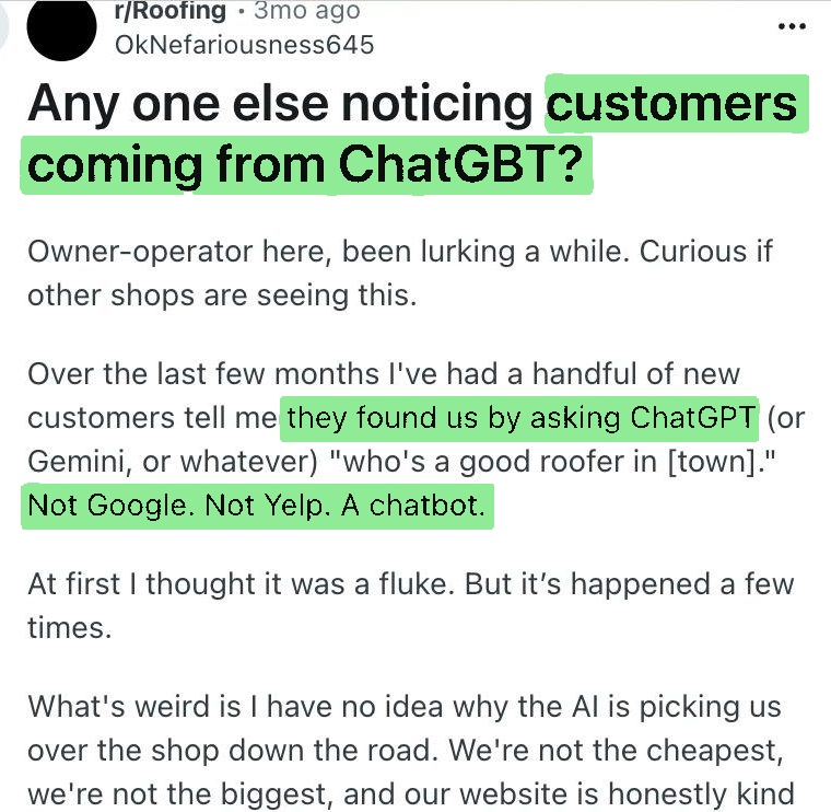 Reddit r/Roofing post asking about customers coming from ChatGPT