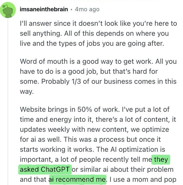Reddit comment from a roofing contractor about a homeowner whose AI told her to call him