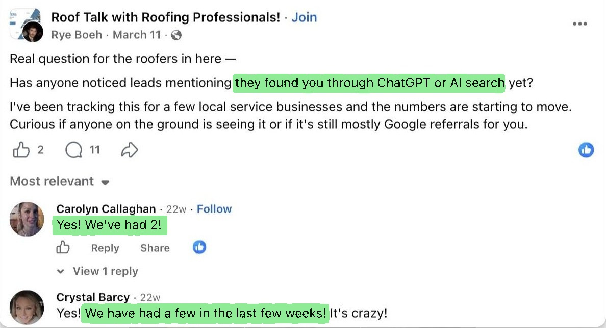 Facebook roofing group thread with two roofing companies confirming ChatGPT customers