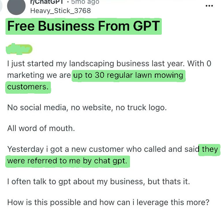 Reddit post by a landscaping owner about free business from GPT