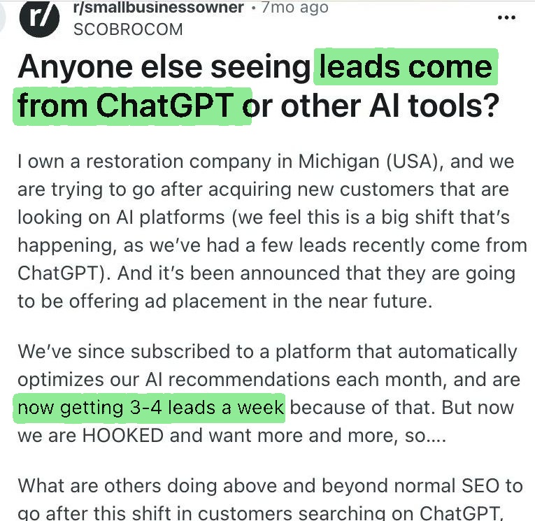Reddit post by a Michigan restoration owner about weekly calls from ChatGPT