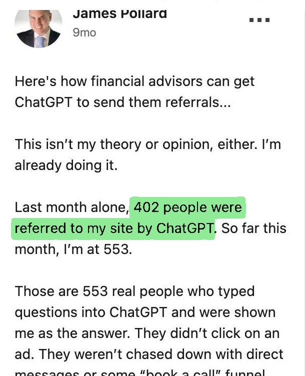 James Pollard LinkedIn post counting 402 referrals from ChatGPT