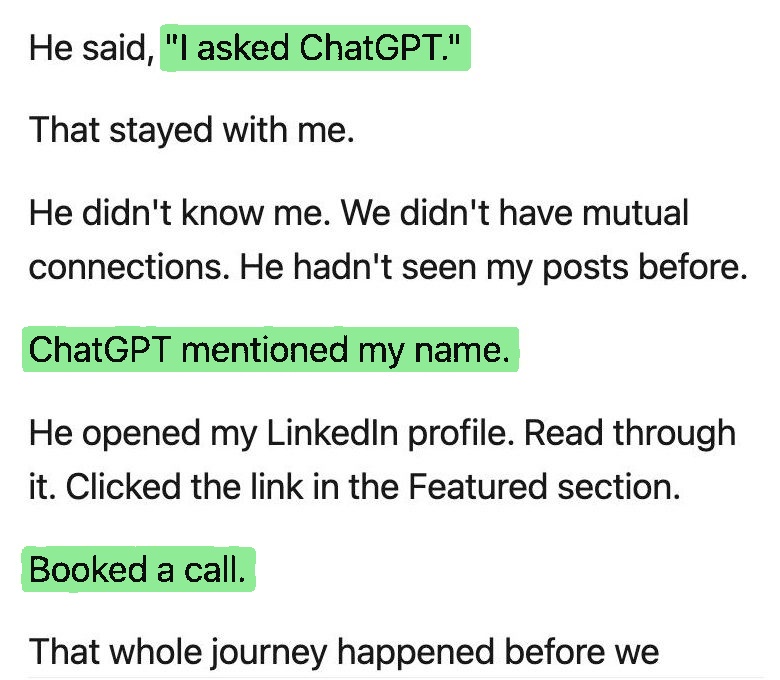 Sathish E LinkedIn post: I asked ChatGPT. ChatGPT mentioned my name. Booked a call.