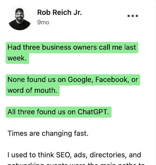 Rob Reich Jr LinkedIn post: all three found us on ChatGPT